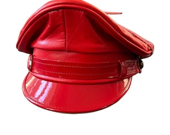 Full Red Real Cowhide Leather Muir,Biker,Gay, Cap