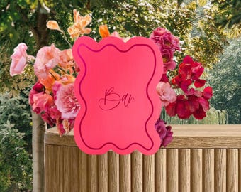 colorful pink scalloped bar sign, colorful wedding, custom bar sign, wedding signage