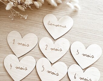 Cartes étapes bébé bois en forme de coeur, cartes étapes bébé, carte étapes en bois, carte bienvenue bébé, cadeau de naissance