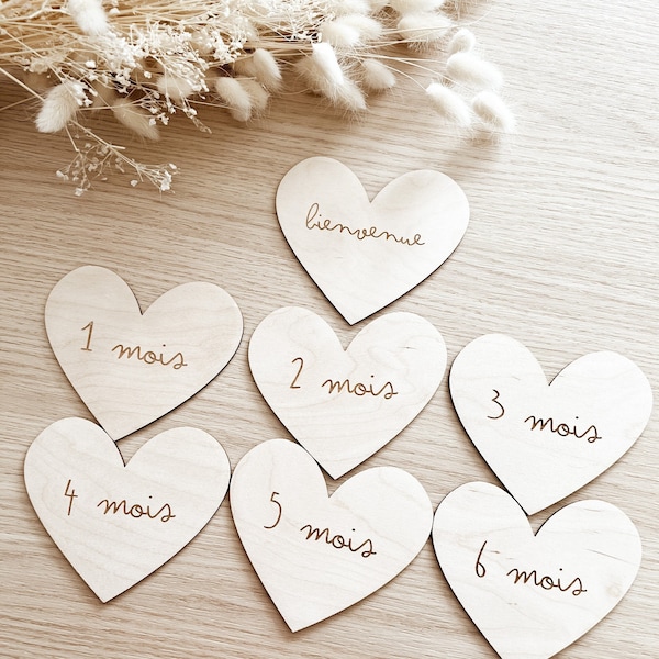 Cartes étapes bébé bois en forme de coeur, cartes étapes bébé, carte étapes en bois, carte bienvenue bébé, cadeau de naissance