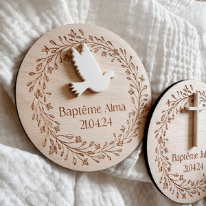 Imán de bautizo personalizado de madera y acrílico – Nombre y fecha grabados – Recuerdo de bautizo para invitados – Regalo religioso