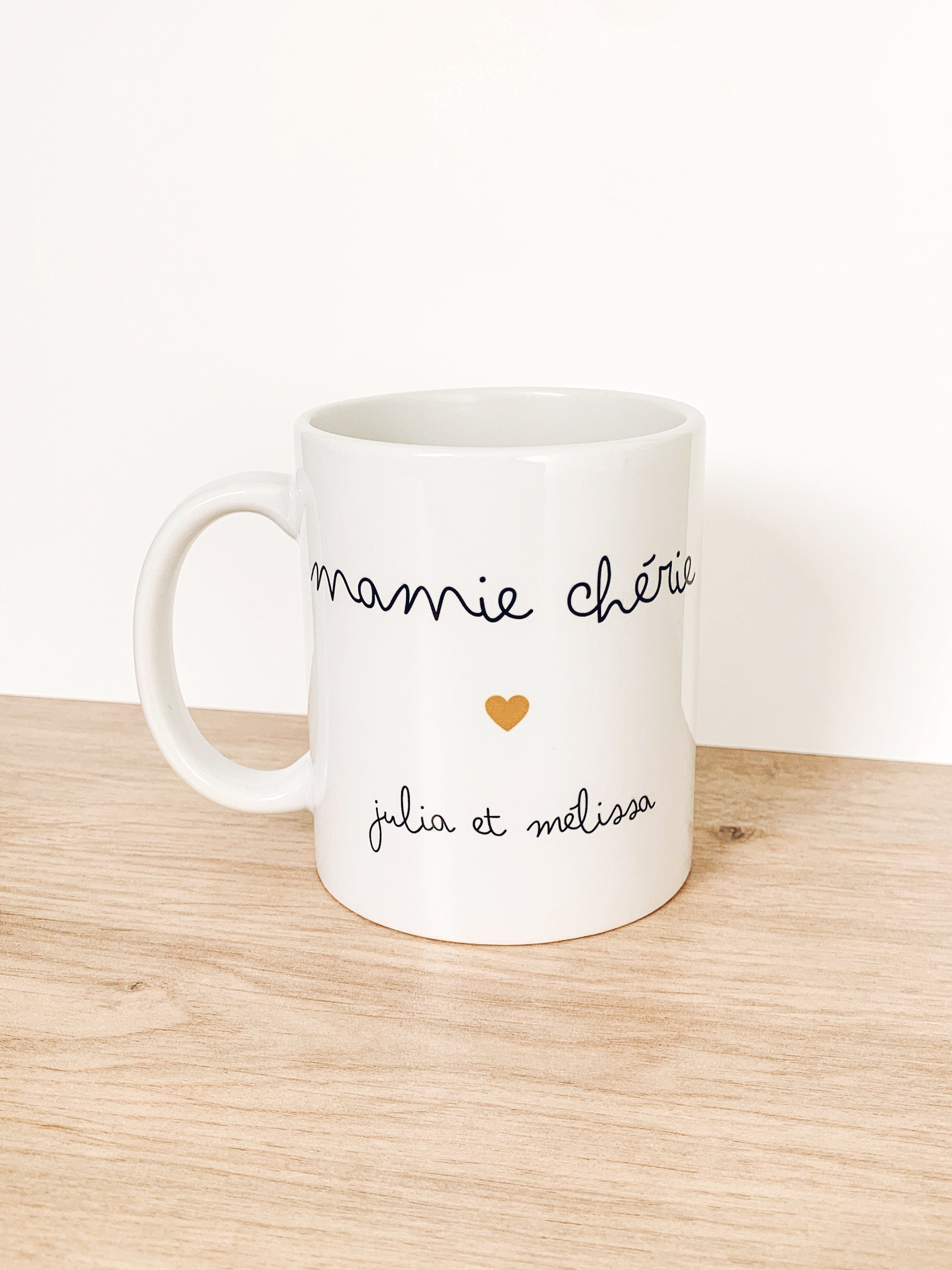 Mug Mamie Chérie, Mug Mamie Cœur Moutarde, Personnalisé Mamie, Tasse Prénoms Enfants, Cadeau Noël et