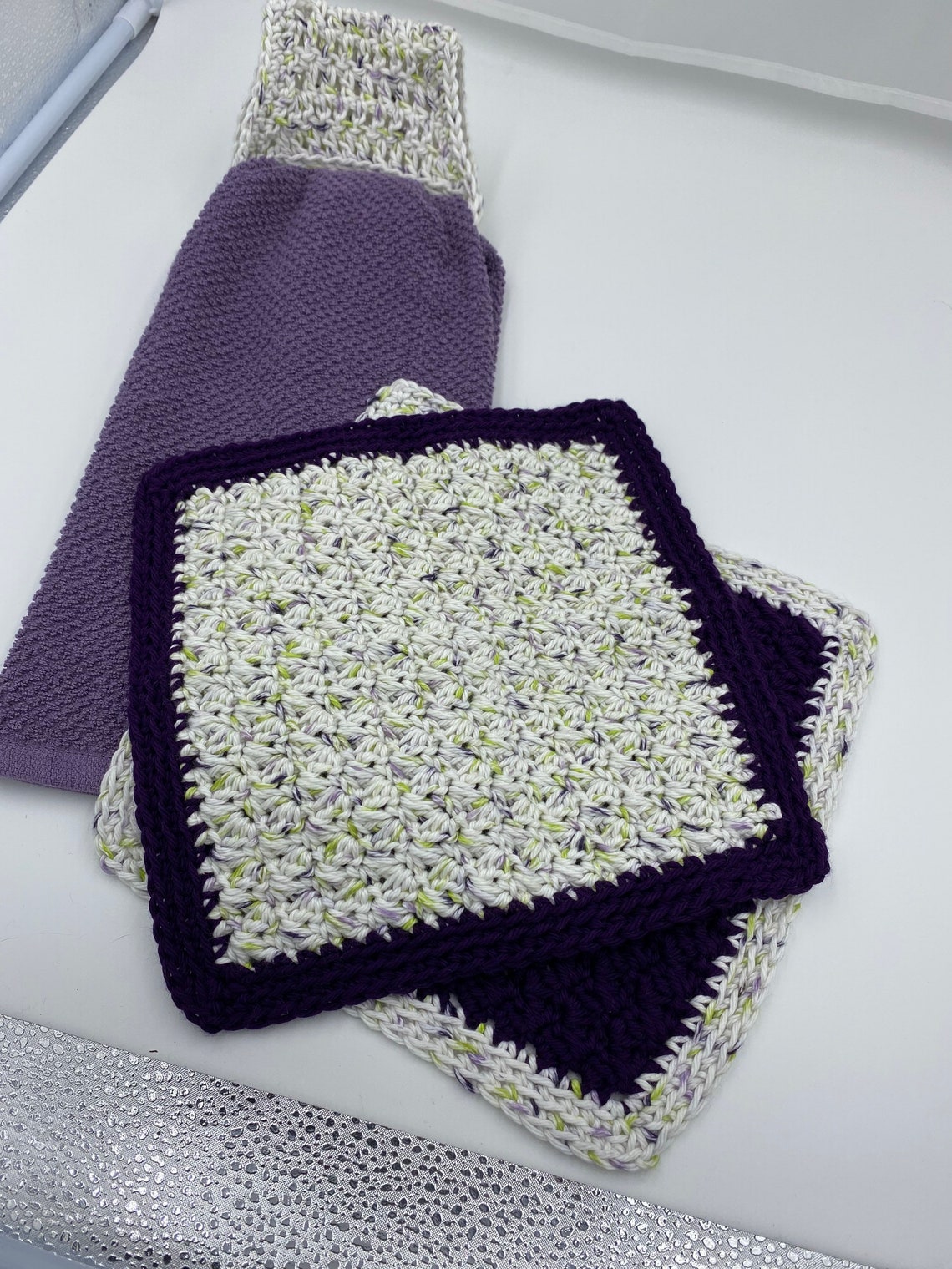 Purple Hanging Kitchen Towel With Matching Dish Cloths Etsy