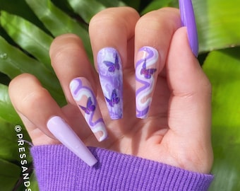 Purple Butterfly Swirl & Marble Hand Painted Custom Press On Nails