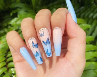 Blue Butterfly Nails Etsy