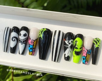 Glow in the Dark/UV Nightmare Halloween Full Design French Custom Hand Painted Press On Nails