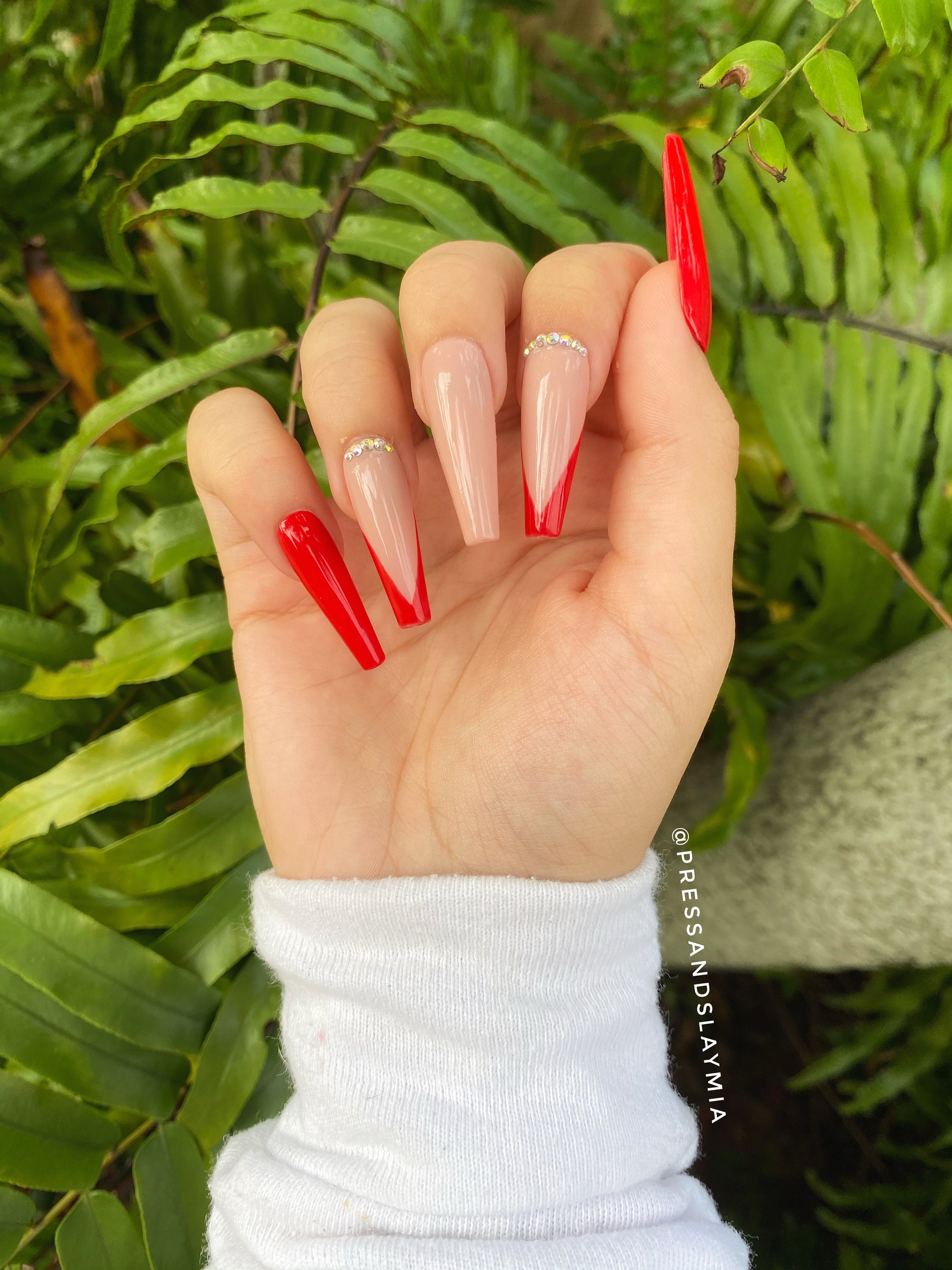 Red Nude V French Tip With Rhinestones Custom Press on Nails