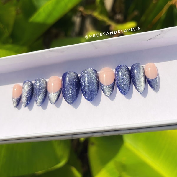 Shine Bright Navy Blue Cat Eye Magnetic Glitter French Tip Custom Press On Nails