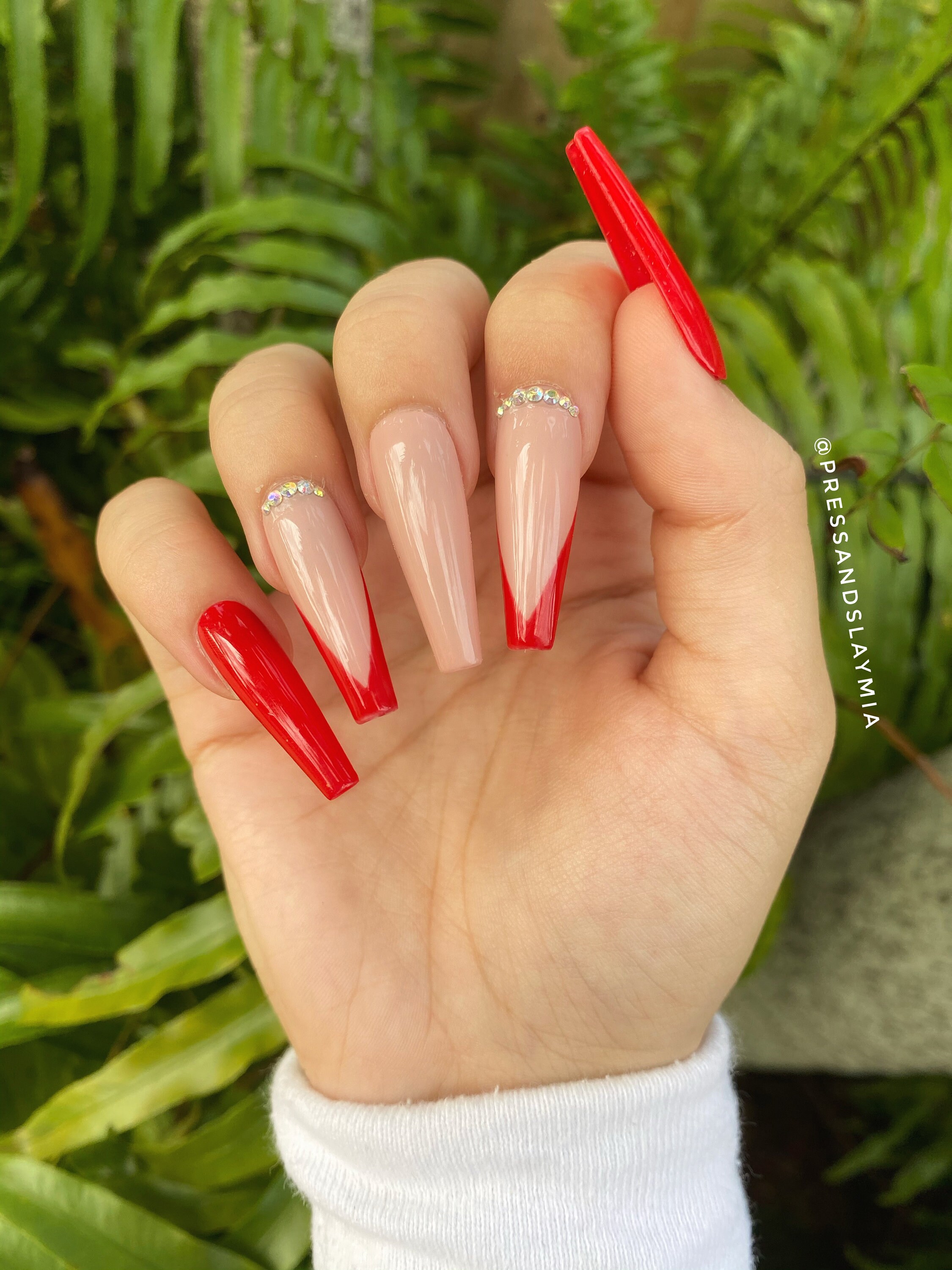 Red & Nude V French Tip With Rhinestones Custom Press on Nails - Etsy