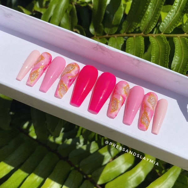 Hot Pink Quartz Geode Textured Pixi Crystal Rhinestone Custom Press On Nails