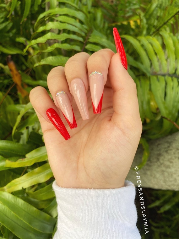 Red Nude V French Tip With Rhinestones Custom Press On Nails Etsy