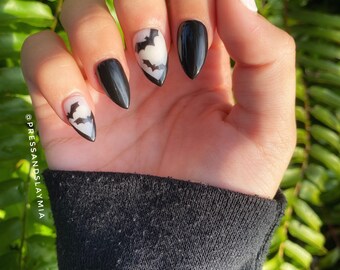 Black Bat Halloween V French Tip Custom Hand Painted Press On Nails