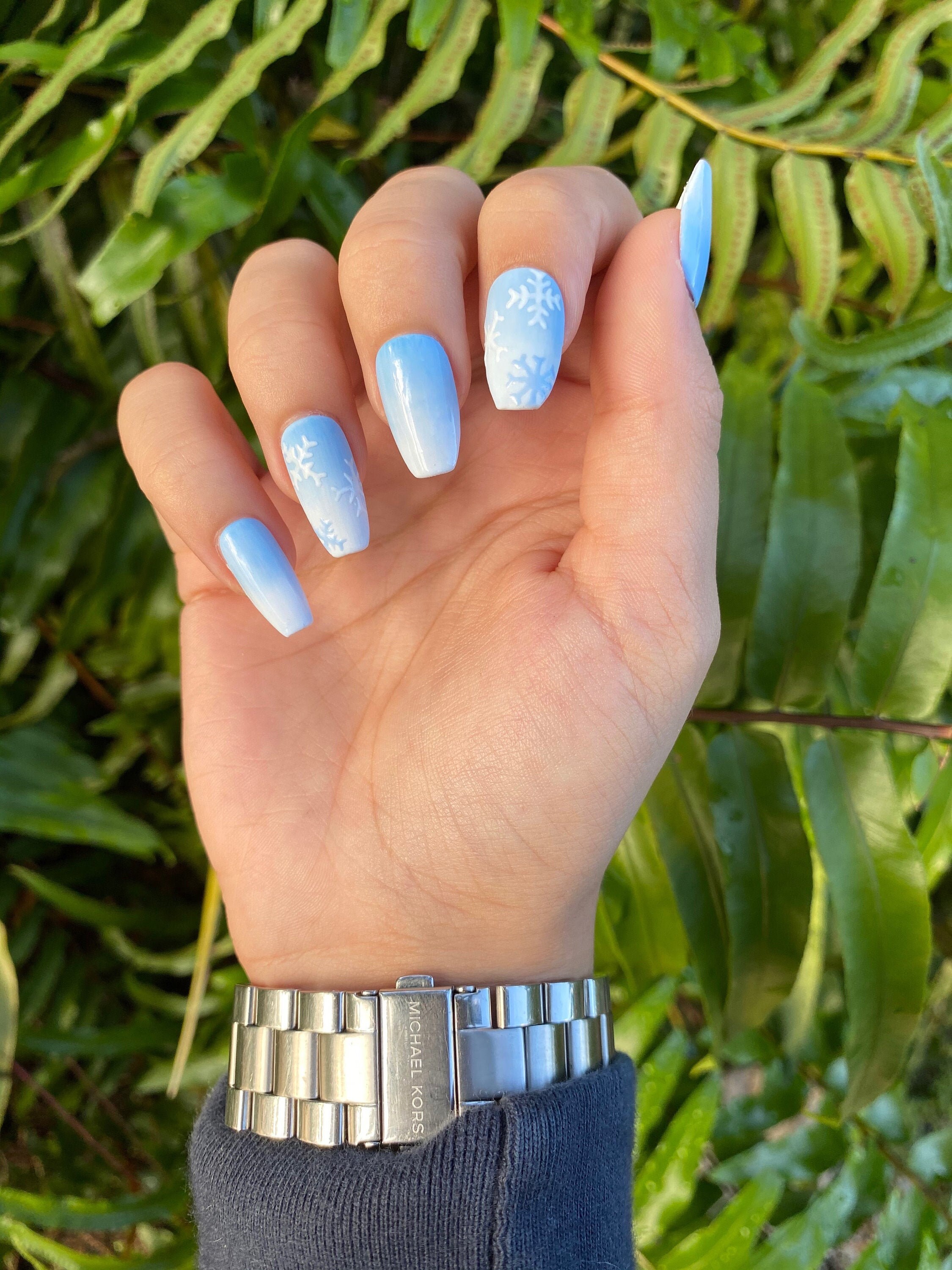 Blue Ombre Winter Matte Snowflake Holiday Custom Press on Nails