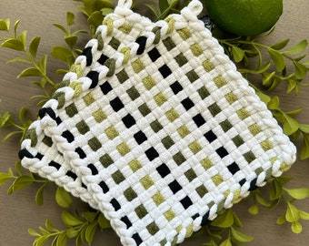 Arden — Botanical Green Garden Kitchen — Loomed Potholder Set of 2 — Parisian Cottage Timeless Décor — Chunky Cotton, Trivet, Hot Pads