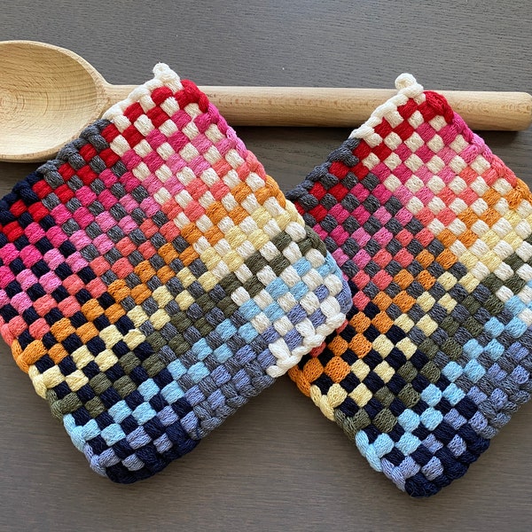 Adele — Handmade Loomed Potholder Set 2– Artisan Pride Bday Gift – Rainbow Colorful Kitchen Décor –Thick Cotton Oven Mitts, Trivet, Hot Pads