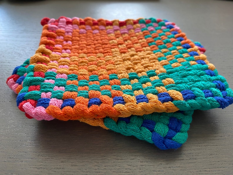 Handmade Loomed Potholder Set 2\u2013 Artisan Gift \u2013 Spring Summer Colorful Kitchen D\u00e9cor \u2013Thick Cotton Oven Mitts Trivet Hot Pads