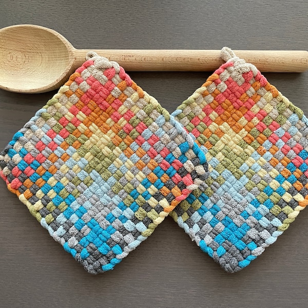 Kismet — Handmade Loomed Potholder Set of 2 — Artisan Pastel Rainbow Gift — Colorful Kitchen Décor — Soft Cotton Oven Mitt, Trivet, Hot Pads