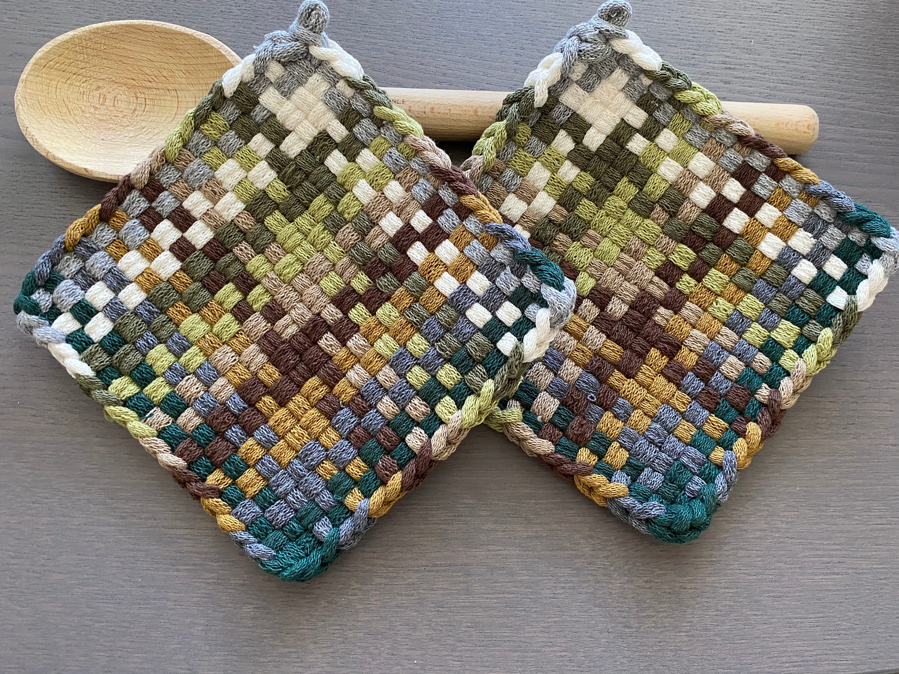 Mother Earth — Handmade Loomed Potholder Set of 2 — Artisan Gift for Her or Him — Green Kitchen Décor — Cotton Oven Mitts, Trivet, Hot Pads