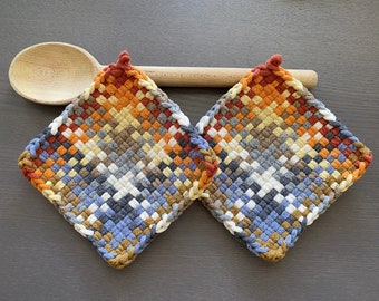 Handmade Loomed Potholder Set 2– Artisan Birthday Gift– Harvest, Autumn Colorful Kitchen Décor –Thick Cotton Oven Mitts, Trivet, Hot Pads
