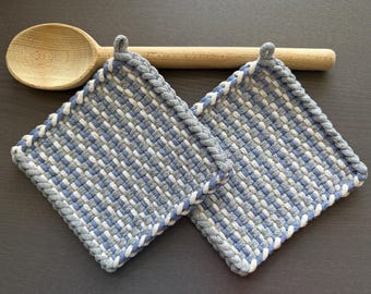 Cozy Knit Sweater — Handmade Loomed Potholder Set of 2 — Artisan Gift — Kitchen Décor — Thick Cotton Oven Mitts, Trivet, Hot Pads