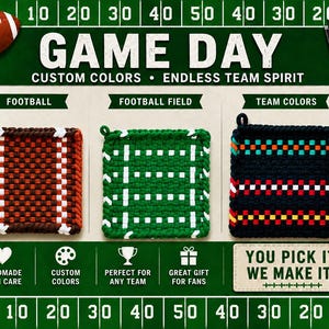 May include: Three woven pot holders with football themes. One is brown and white like a football, another is green like a field, and the third is black with team colours. The image includes the text "GAME DAY".