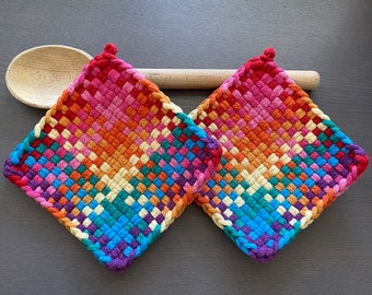 Rainbaux — Handmade Loomed Potholder Set 2 — Artisan Gift —Primary Rainbow Pride Colorful Kitchen Décor —Cotton Oven Mitts, Trivet, Hot Pads