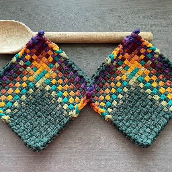 Momma Bear — Handmade Artisan Loomed Potholder Set of 2 — Unique Gift — Colorful Kitchen Décor — Thick Cotton Oven Mitts, Coasters, Hot Pads