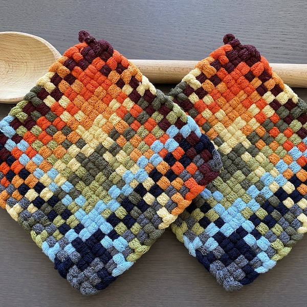 Ember — Handmade Loomed Potholder Set of 2 — Rainbow — Fall Autumn Colorful Kitchen Décor Gift — Thick Cotton Oven Mitts, Trivet, Hot Pads