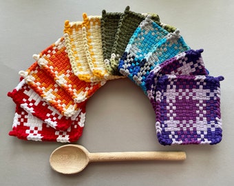 Set of 2 Potholders -You Pick Color- Red Orange Yellow Green Blue Purple Solid- Woven Cotton Loom Oven Mitt Trivet Hot Pads - Artisan Gift