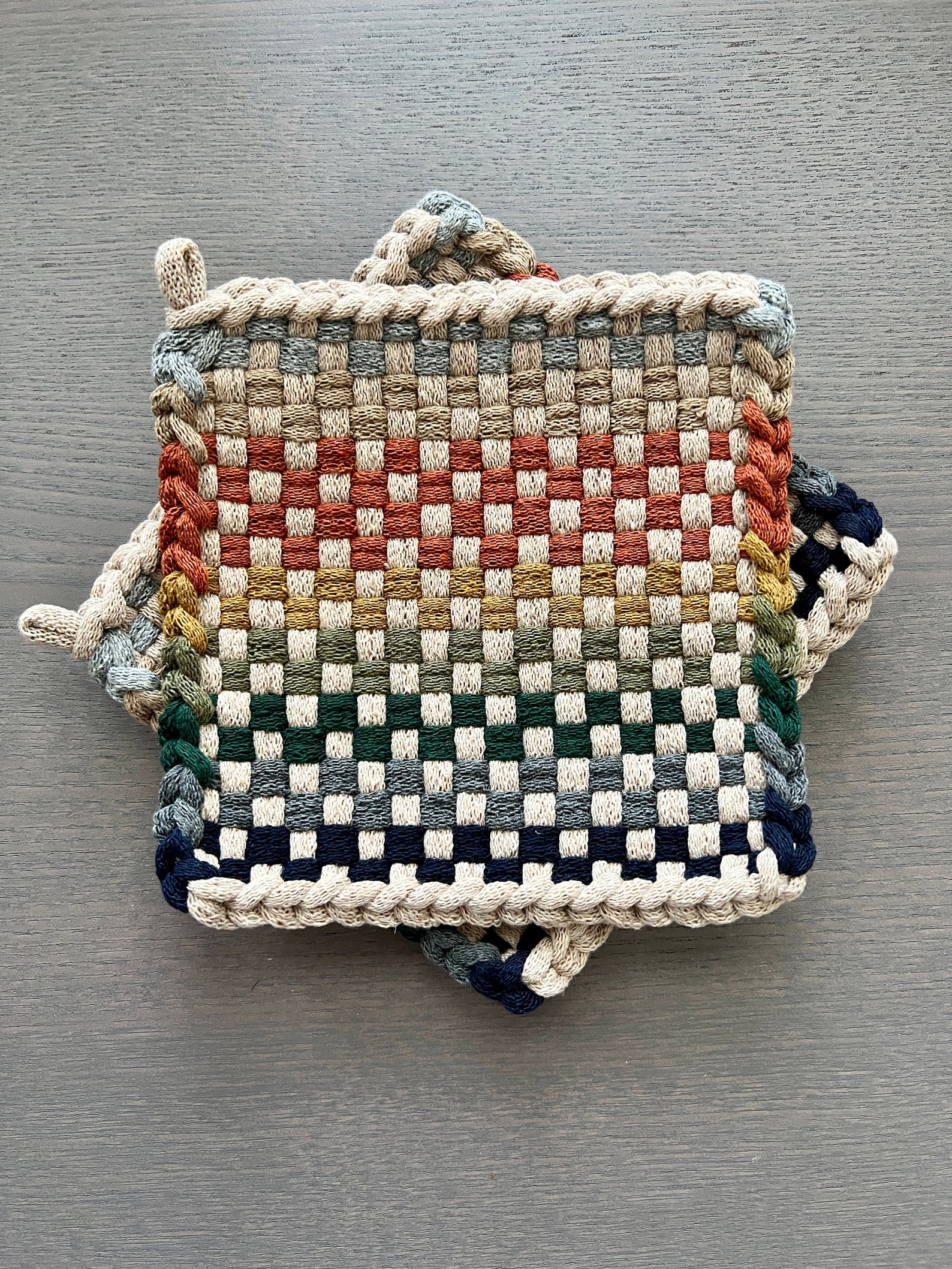 Boho — Chic Loomed Potholder Set of 2– Artisan Gift – Neutral Colorful Earthy Kitchen Décor –Chunky Cotton Oven Mitts, Trivet, Hot Pads - Beige