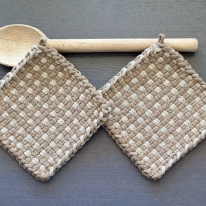 Waffles — Handmade Potholder Set of 2 — Neutral Tan Beige Cotton Hot Pads — Modern Kitchen Decor — Waffle Weave Pattern — Artisan Gift Idea