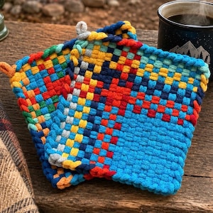 Happy Camper Potholder Set of 2 | Handwoven Cotton Pot Holders | Camping Kitchen Decor | Cabin Gift | Outdoor Lover Gift | Made in USA