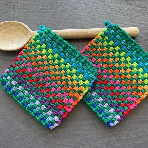 Lucky Charms — Handmade Loomed Potholder Set of 2 — Artisan Gift —Green Colorful Rainbow Kitchen Décor —Thick Cotton Mitts, Trivet, Hot Pads