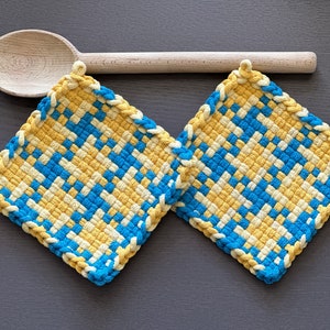 Honeycomb & Blue Handmade Loomed Potholder Set of 2– Artisan Gift for Her or Him – Kitchen Décor –Thick Cotton Oven Mitts, Trivet, Hot Pads