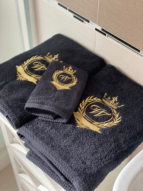 Black Bathroom Towel Set, Gold Antique Crown Custom Embroidery, Monogram  Hand Towels, Personalise, Personalize 