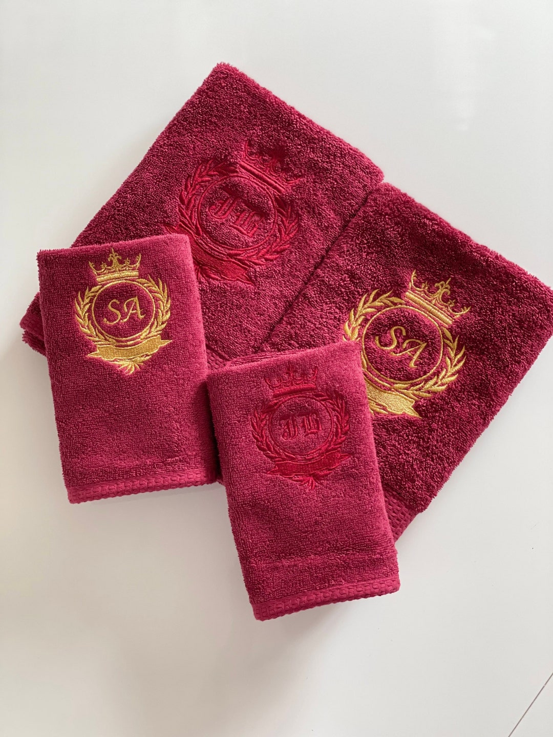 Monogrammed Towels, Luxury, Soft Dark Red Bathroom Set With Gold or Red