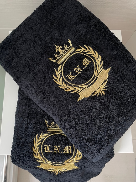 Black Bath Towel Set With Logo or Initials Monogrammed Towels Embroidered Initials Gothic Crown King Leaf Etsy Ireland