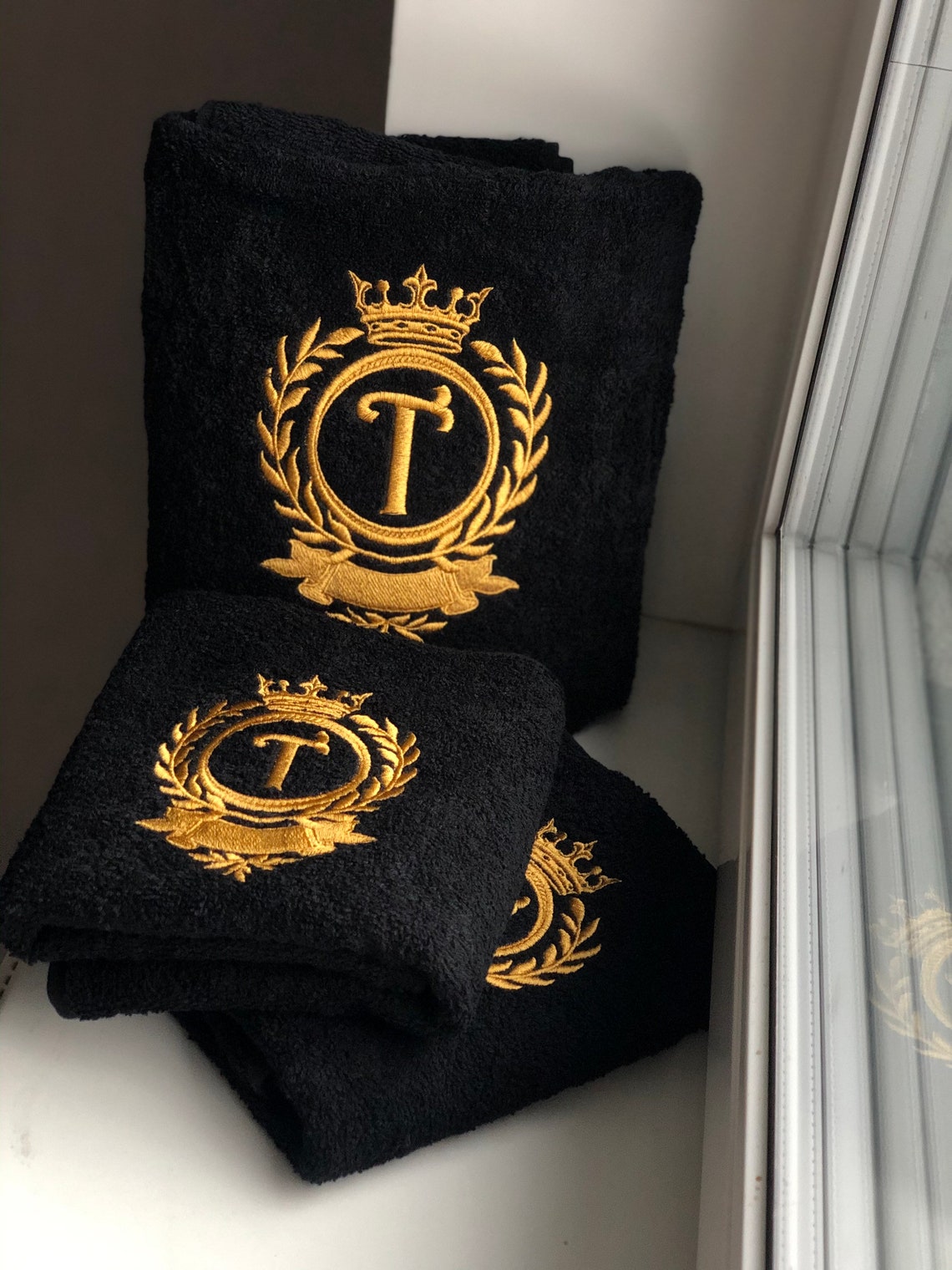 Black Bath towel set with logo or initials / Monogrammed Etsy