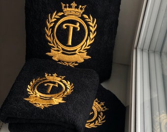 Black Bath towel set with logo or initials / Monogrammed Towels / Embroidered initials