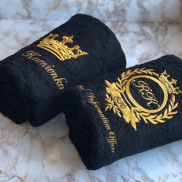 Black Bath towel set initials crown / Monogrammed luxury towels / Gold antique embroidery