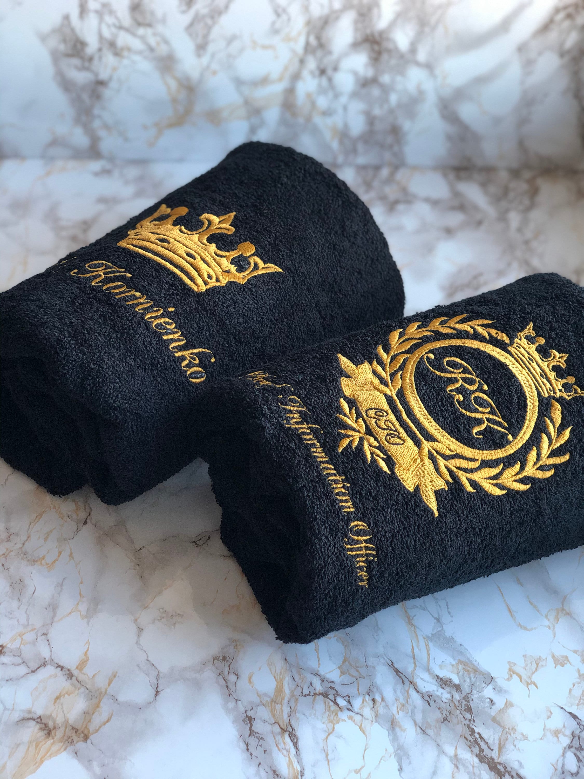 Black Bathroom Towel Set, Gold Antique Crown Custom Embroidery, Monogram Hand  Towels, Personalise, Personalize 