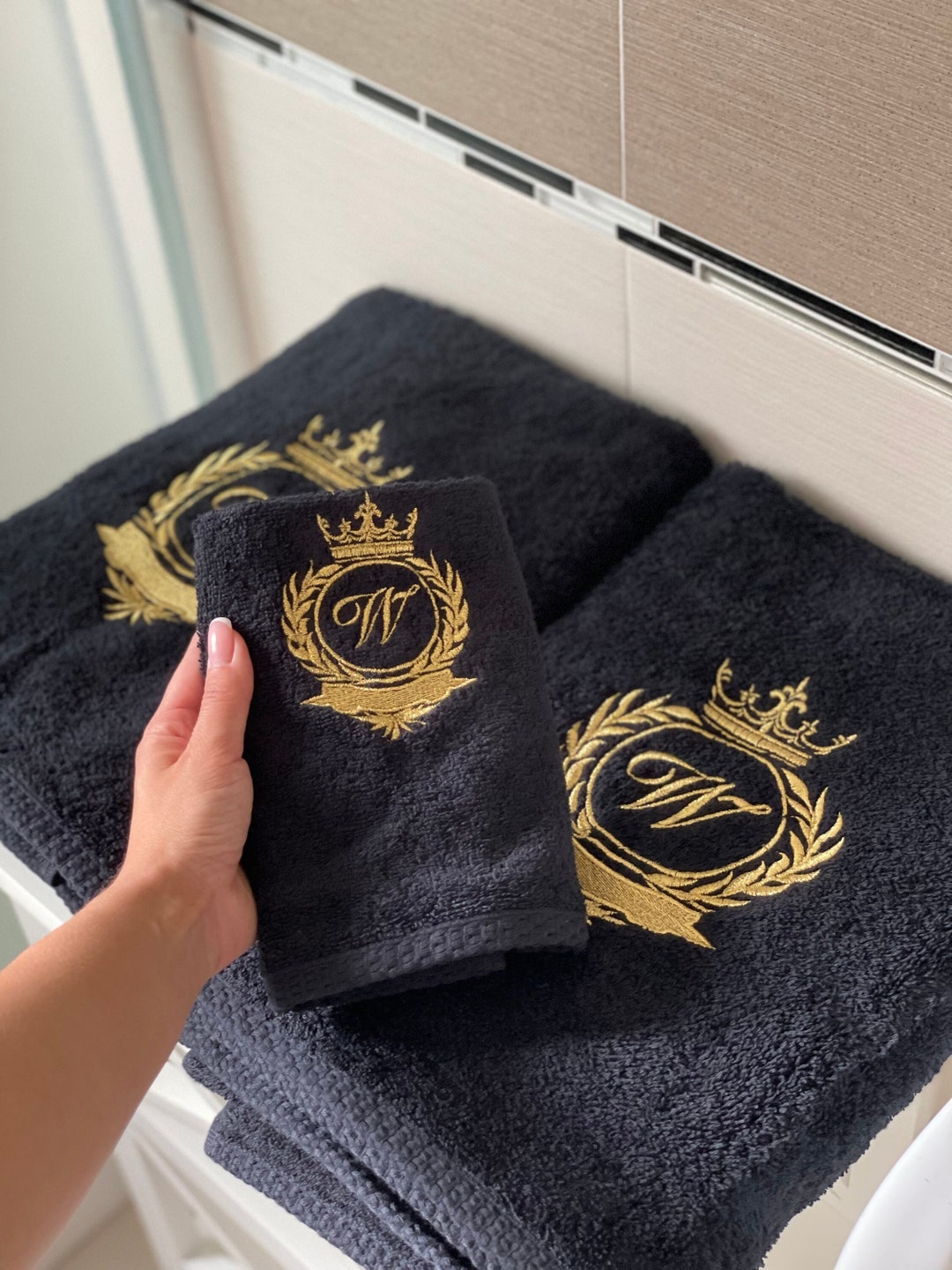 Monogram Black and Gold Hand, Bath Towel Set, Logo, With 1 Initial