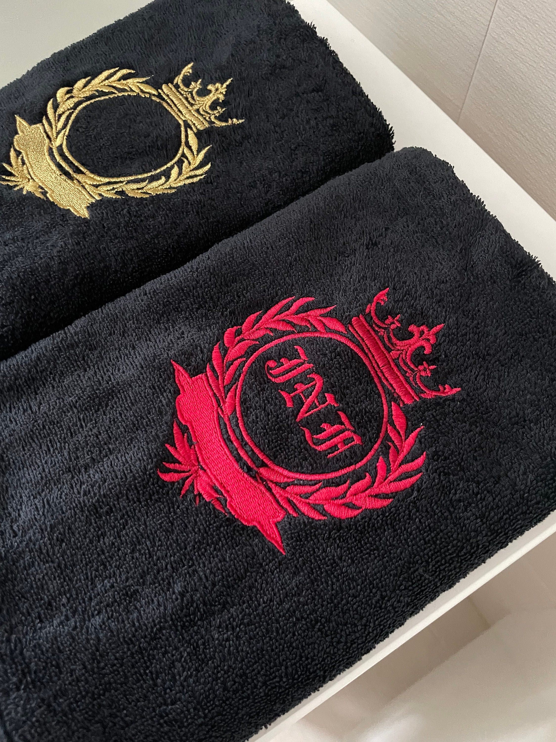 Gothic monogram skull and heraldry shield design, bath towel set
