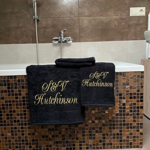 Towel gift set with logo or initials / Monogrammed Towels / Embroidered initials gold antique thread