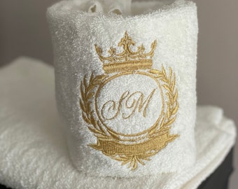 Personalized bath towel white set, gold monogram embroider, custom embroidery bathroom hand, face gift with crown, laurel