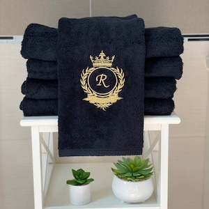 Toalla bordada, toalla con monograma para manos, rostro y cuerpo, toalla con monograma negro y dorado, regalo de inauguración de la casa