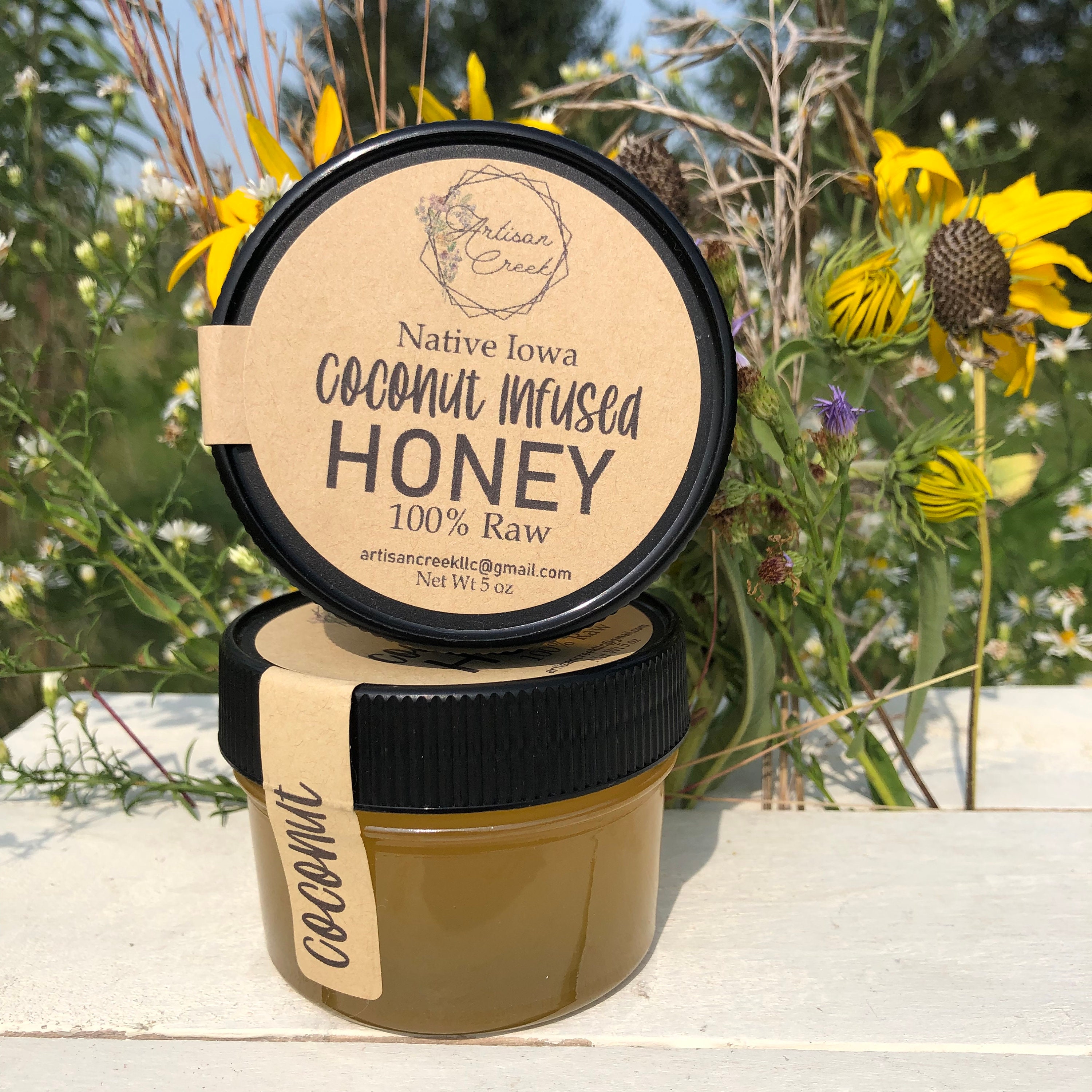 Coconut Infused Honey - All-Natural, Raw, Unfiltered, Small Batch Flavored Honey Jar by Artisan Creek Apiary