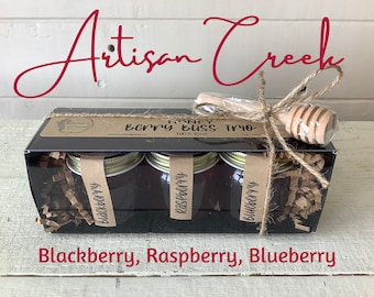 BERRY BLISS TRIO - Infused Honey Sampler - Blackberry, Raspberry, Blueberry - Flavored Honey for Tea Party, Charcuterie, Honey Variety Pack