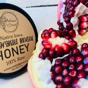 Pomegranate Infused Honey Jar  - All Natural, Raw, Unfiltered, Small Batch Flavored Honey from Artisan Creek Apiary