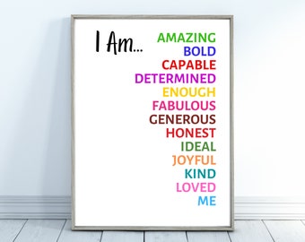 Affirmations Poster, I Am, Children Affirmations, Poster, Kids Affirmations, Office Poster, Digital Print, Playroom Poster